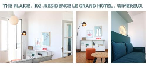 a collage of three pictures of a living room at T h e - P L A I C E in Wimereux