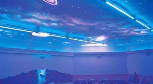 a room with a painting of a cow on the ceiling at Hotel de Premiere Minowa in Inawashiro