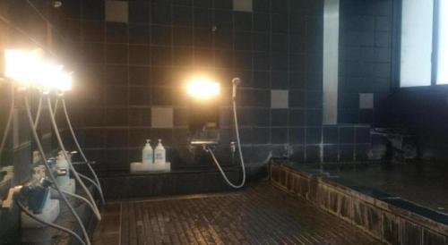 a bathroom with a tub and a sink and a light at Hotel Honjin in Kumamoto