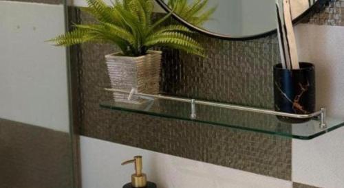 a bathroom with a mirror and a potted plant at Hotel Zamburger Bentong in Bentong