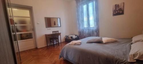 a bedroom with a bed and a window and a mirror at Charlie's House in Venaria Reale
