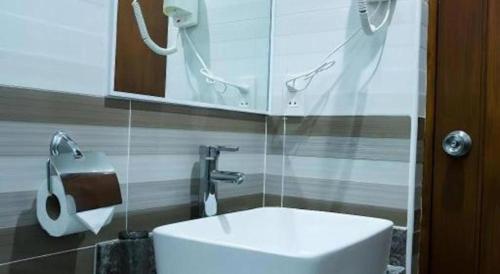 a bathroom with a sink and a mirror and a toilet at Hotel Fleur de Liz in Panglao