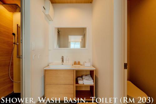 a bathroom with a sink and a mirror at Ginkgo House ギンコハウス in Fujiyoshida
