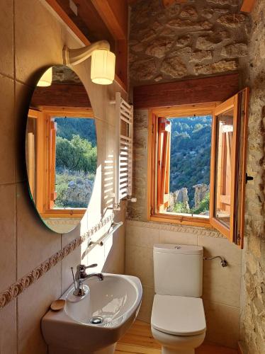 a bathroom with a sink and a toilet and a mirror at Casa Rural Haiku in Bojar