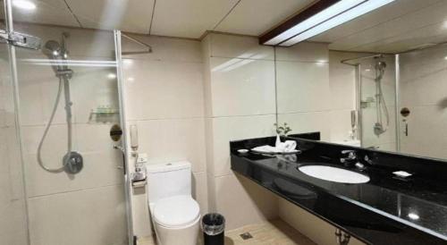 a bathroom with a toilet and a sink and a shower at Chaozhou Hotel in Chaozhou
