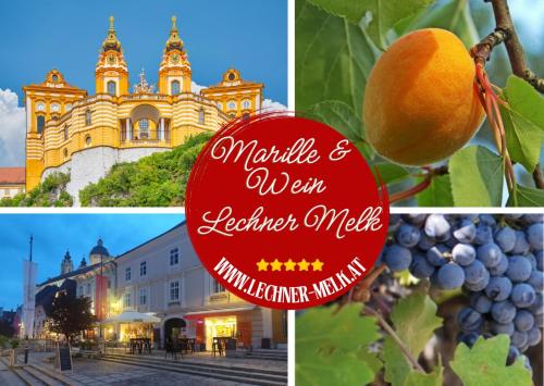 a collage of photos with a sign in front of a building at Altstadthaus Marille mit Innenhofterrasse in Melk