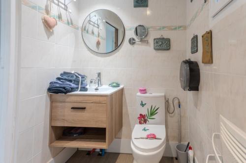 une salle de bain avec toilettes, lavabo et miroir dans l'établissement La maison d’eloi, à Montignac-Charente