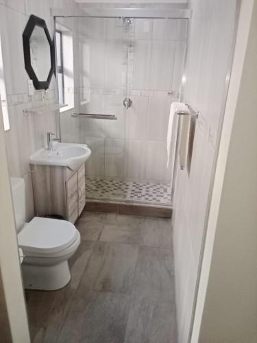 a bathroom with a shower and a toilet and a sink at Classy Guest House in Johannesburg