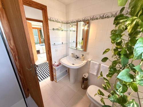 a bathroom with a sink and a toilet and a mirror at Sa Calma Marina A Tranquil Mediterranean Retreat in Sa Ràpita
