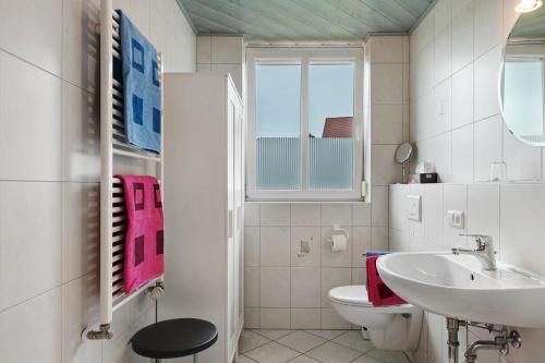 バート・クロツィンゲンにあるFerienwohnung 2 Haus Schmiedewegの洗面台、トイレ、窓のあるバスルーム