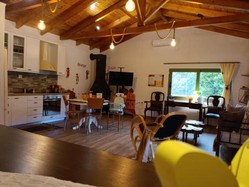 Una cocina y una sala de estar con mesa y sillas. en Elaia Rest House Retreat in nature, en Fréngaina
