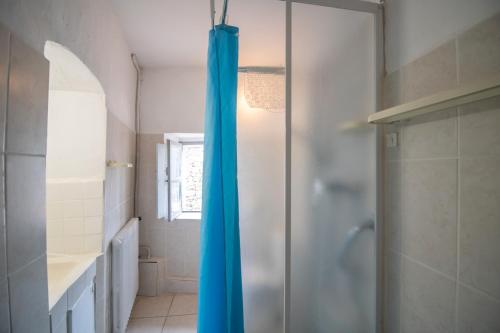 a bathroom with a shower with a blue shower curtain at La maison de Mina in Olmeto