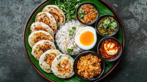 a plate of food with rice and eggs and other dishes at Sammy Villa Tangalle in Tangalle