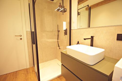 a bathroom with a sink and a shower at Guest House Dezulian in Castello di Fiemme