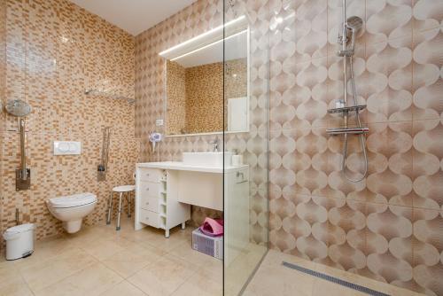 a bathroom with a shower and a sink and a toilet at Unique luxury Villa Feriatum Lissa in Ždrelac