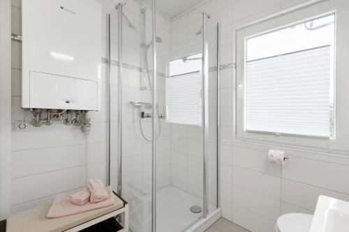 a white bathroom with a shower and a sink at Kleines Schweden in Hennstedt