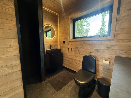 a bathroom with a toilet and a sink and a window at Holiday home with sauna and lake view in scenic Lonashult in Finnanäs