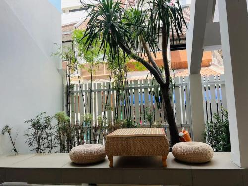 a patio with a bench and a palm tree at Tiger Homestay in Bangkok