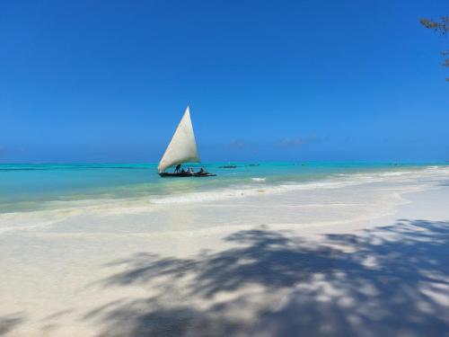 a boat with a white sail in the ocean at The Gale House in Umbuji