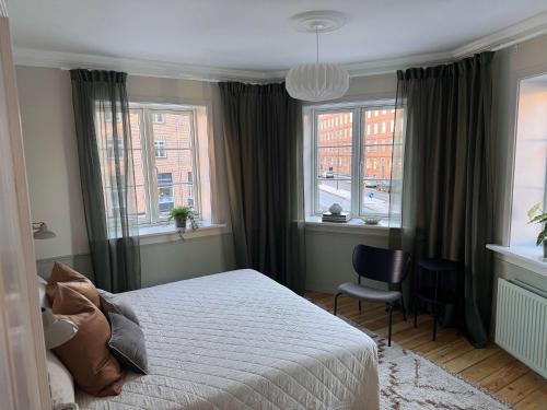 Un dormitorio con una cama y dos ventanas. en Upscale 3BR Apartment in City Center, en Copenhague