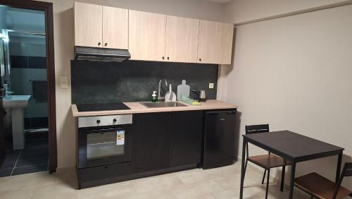 a kitchen with a sink and a stove and a table at Akrata Green Elite Apartments in Akrata