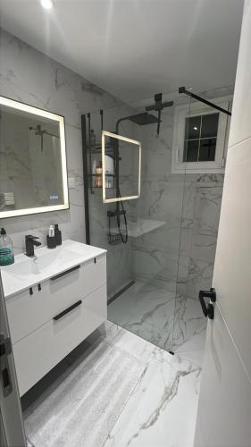a white bathroom with a sink and a shower at Entre prairies et ciel bleu chez Nicolas ! in Mauchamps