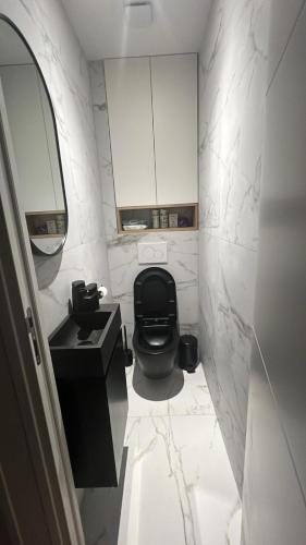 a bathroom with a black toilet and a sink at Entre prairies et ciel bleu chez Nicolas ! in Mauchamps