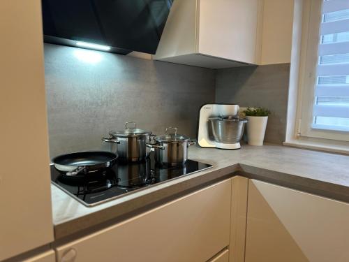 two pots and pans on a stove in a kitchen at Weitblick Neviges in Velbert