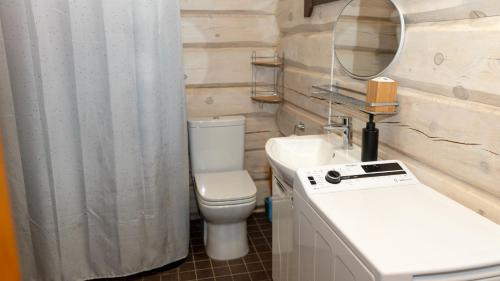 a bathroom with a toilet and a sink and a mirror at Mere Holiday Home in Yarve-Keskranna