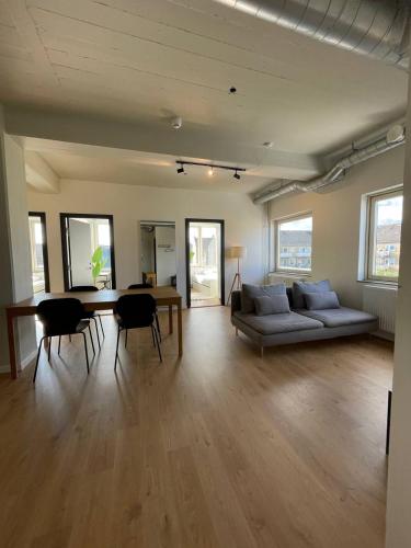 コペンハーゲンにあるNorrebro big aptのソファとテーブルと椅子のあるリビングルーム