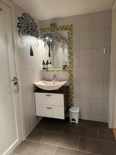 a bathroom with a sink and a mirror at Bright loft apartment in a Jugend-style courtyard close to the Sound of Brosund in Ålesund