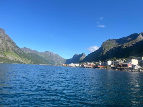 a large body of water with mountains in the background at Fantastic house with seafront property in Gryllefjord in Gryllefjord