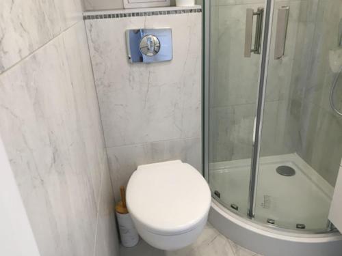 Un pequeño baño con inodoro y ducha. en CENTRUM Sikorskiego 123 - EZHome, en Gorzów Wielkopolski