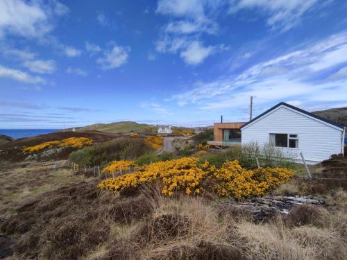 a white house on a hill with yellow flowers at 3 bed in Scourie SU164 in Rhiconich