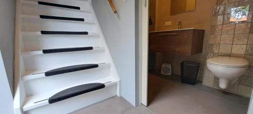a bathroom with white shelves and a toilet at B&B De Blauwe Melkbus in Harskamp