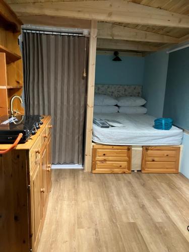a room with a bunk bed with a wooden floor at The Rheidol Shepherds Hut in Aberystwyth