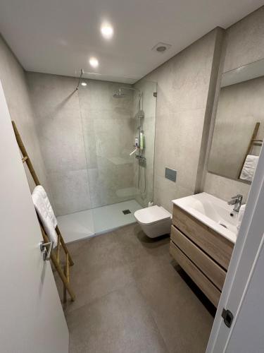 a bathroom with a shower and a toilet and a sink at Solar da Sobreda in Sobreda