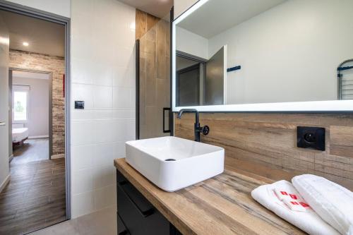 a bathroom with a white sink and a mirror at Beautiful apartment, shops within walking distance, Vannes 5 min in Plescop