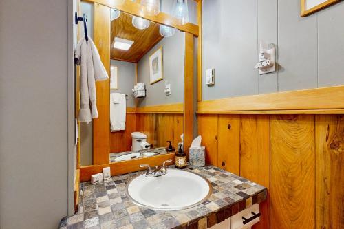 a bathroom with a sink and a mirror at Tree Top Cabin in Beech Mountain