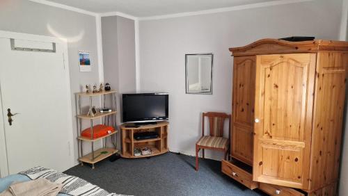 sala de estar con TV y armario de madera en Ferienwohnung an der Sommerliede, en Hohenroda