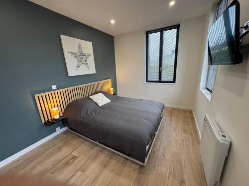 a bedroom with a bed and two windows at Family Apparts Criel in Criel-sur-Mer