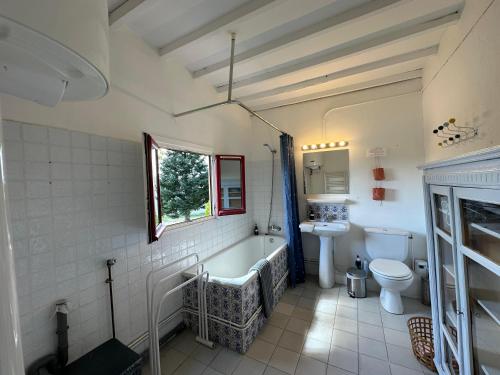 a bathroom with a tub and a toilet and a sink at Maison des Fontaines - Terrasse & vue sur vignoble, proche Aix-en-Provence 5 personnes - Domaine Viticole Château de Barbebelle, Rognes, Provence in Rognes