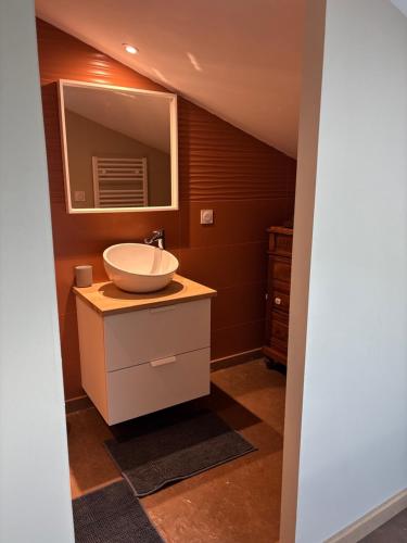 a bathroom with a sink and a mirror at Loft Andy in Suze-la-Rousse