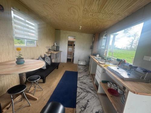 a kitchen and living room of a tiny house at Cabaña Vista al Prado in Pichil