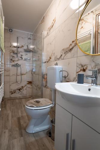 a bathroom with a toilet and a sink at Apartmani Poljančić in Ravna Gora