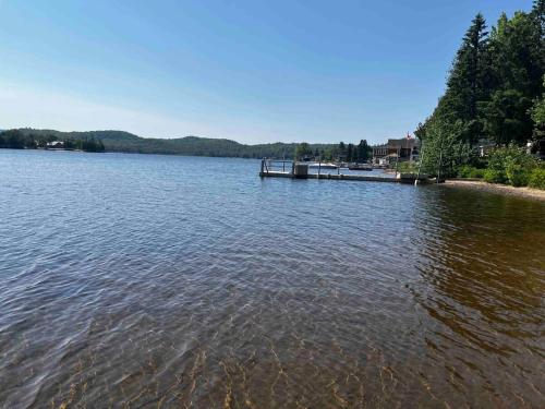 a large lake with a dock in the middle of it at Le Petit chalet au Lac Schryer in Lac-Simon