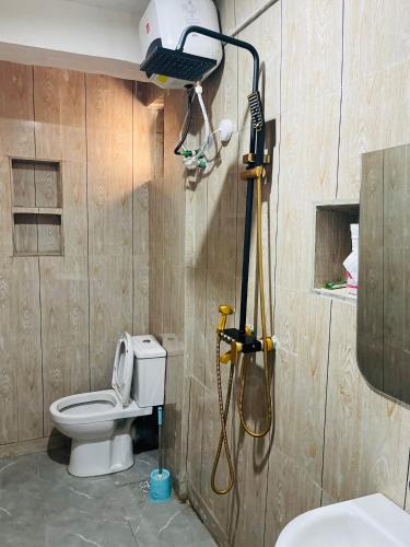 a bathroom with a shower and a toilet in it at Padelia Hotels Ltd in Nsukka