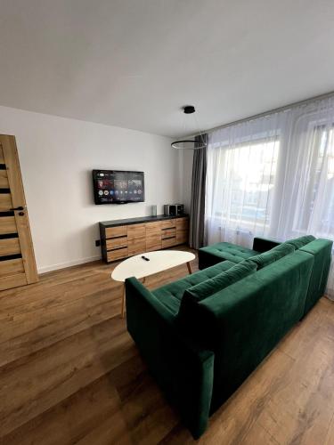 a living room with a green couch and a tv at TK Komfortowy Apartment Piła w centrum Netflix Światłowód w cenie in Piła
