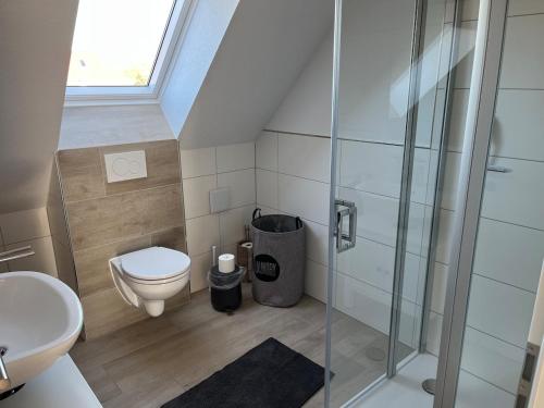 a bathroom with a toilet and a glass shower at Ferienhaus Ankerplatz in Timmel