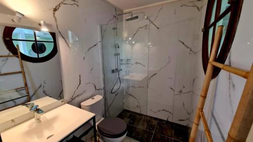 ein Badezimmer mit Dusche, Waschbecken und Toilette in der Unterkunft Studio les pieds dans l'eau belle vue mer in Le Gosier